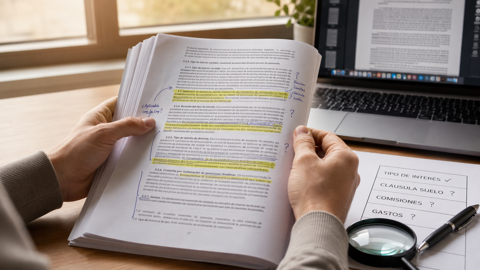 Cómo leer escritura hipotecaria: manos revisando cláusulas con subrayados y checklist de tipo de interés, cláusula suelo, comisiones y gastos