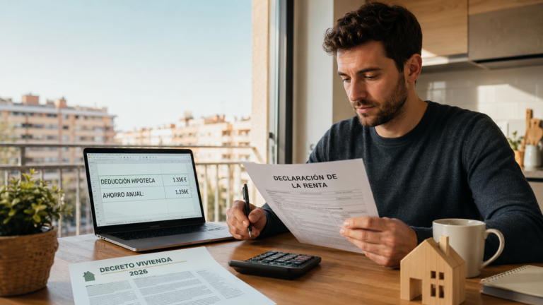 Deducción hipoteca IRPF 2026: persona revisando declaración de la renta con ahorro de 1.356€ y decreto vivienda