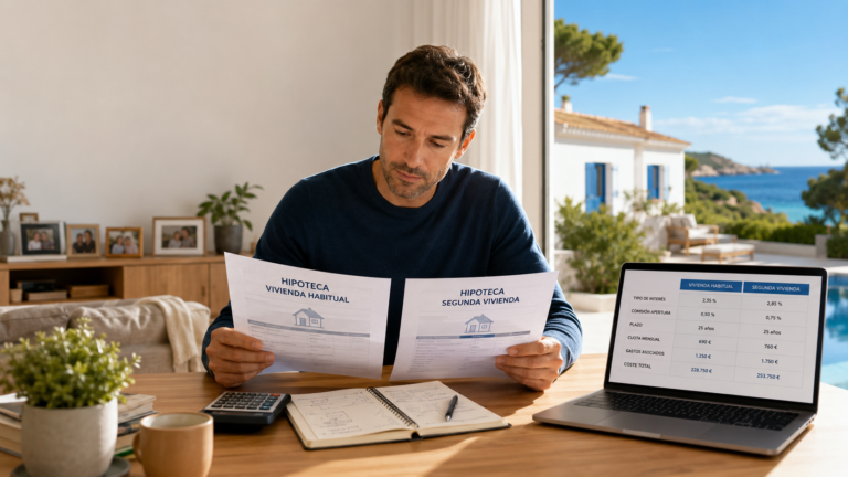 Hipoteca segunda vivienda: comparativa entre vivienda habitual y segunda residencia con documentos y tabla de condiciones