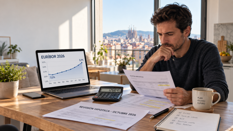Euríbor sube al 3,1% en septiembre 2026: hipotecado revisando cuota con gráfico BCE y skyline de Barcelona