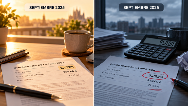 Euríbor septiembre 2026 al 3,223% vs 2,172% en 2025: comparativa del impacto en la cuota hipotecaria