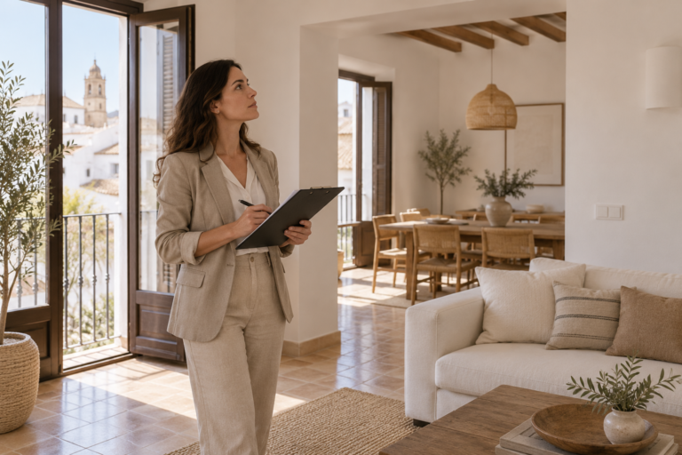 Tasadora profesional realizando una tasación vivienda hipoteca en piso español