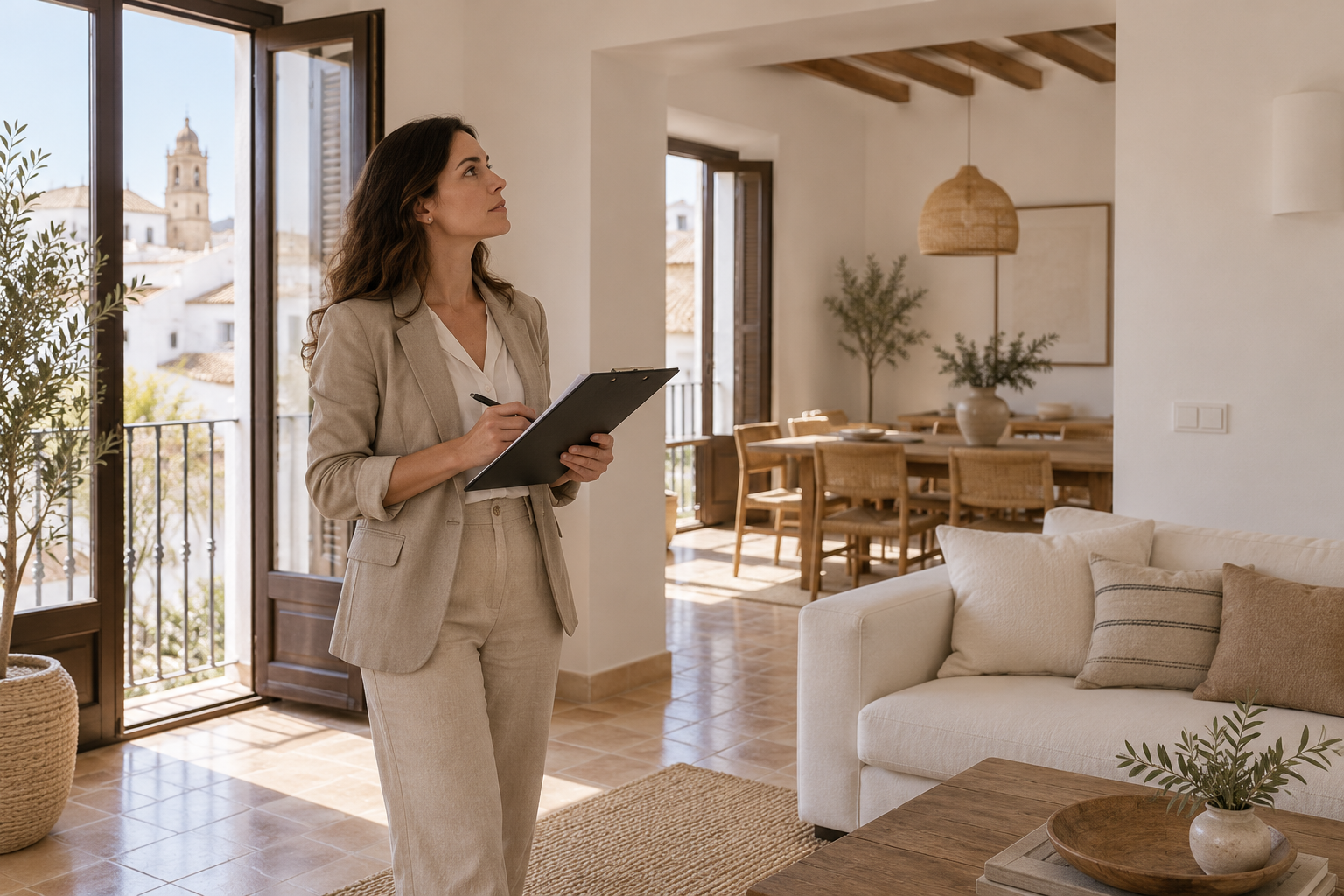 Tasadora profesional realizando una tasación vivienda hipoteca en piso español